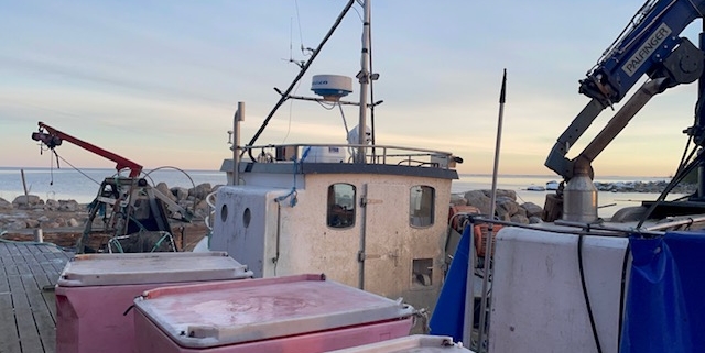 En fiskebåt med havet i horisonten.